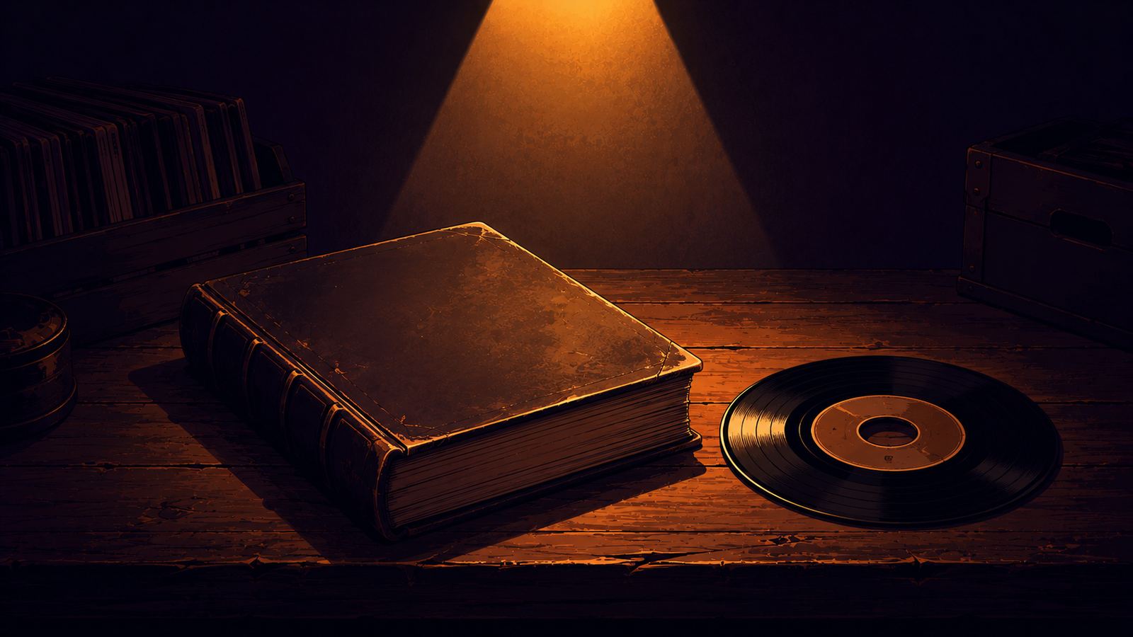 A thick ledger beside a vinyl 45 under a warm spotlight