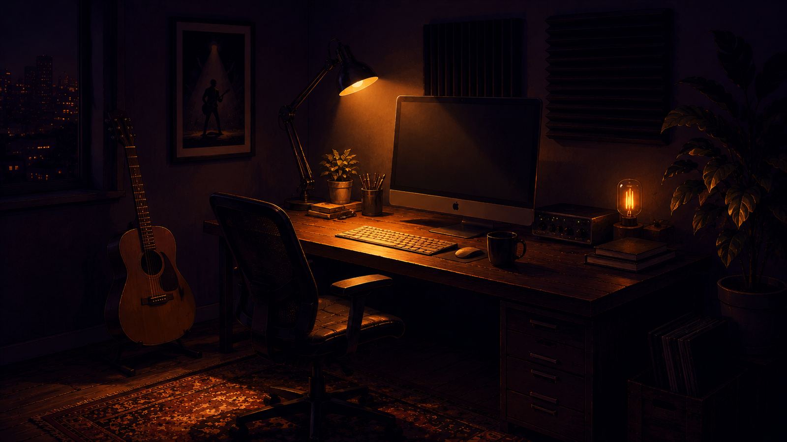 The Guides — a writing desk in lamplight