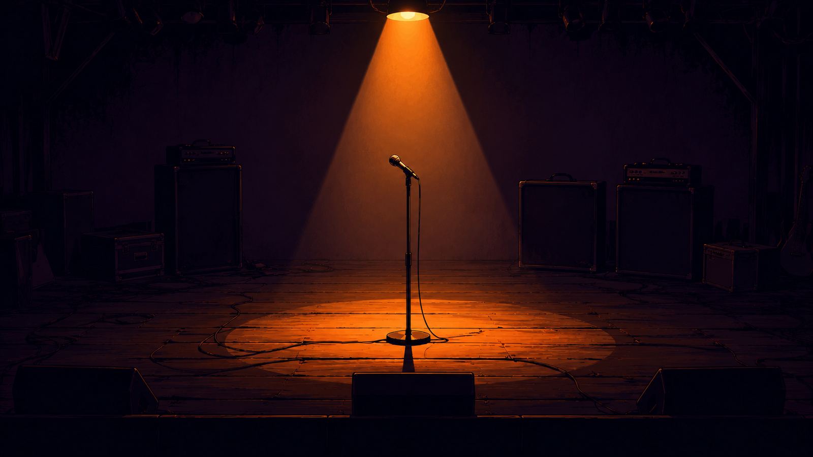 An empty stage with one microphone stand in a warm spotlight