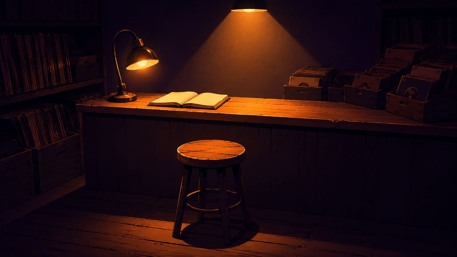Stamp — a warm record-store counter at night