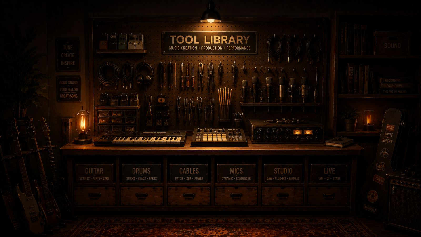 A warm workshop wall of music tools — cables, mics, and labeled drawers under a hanging lamp