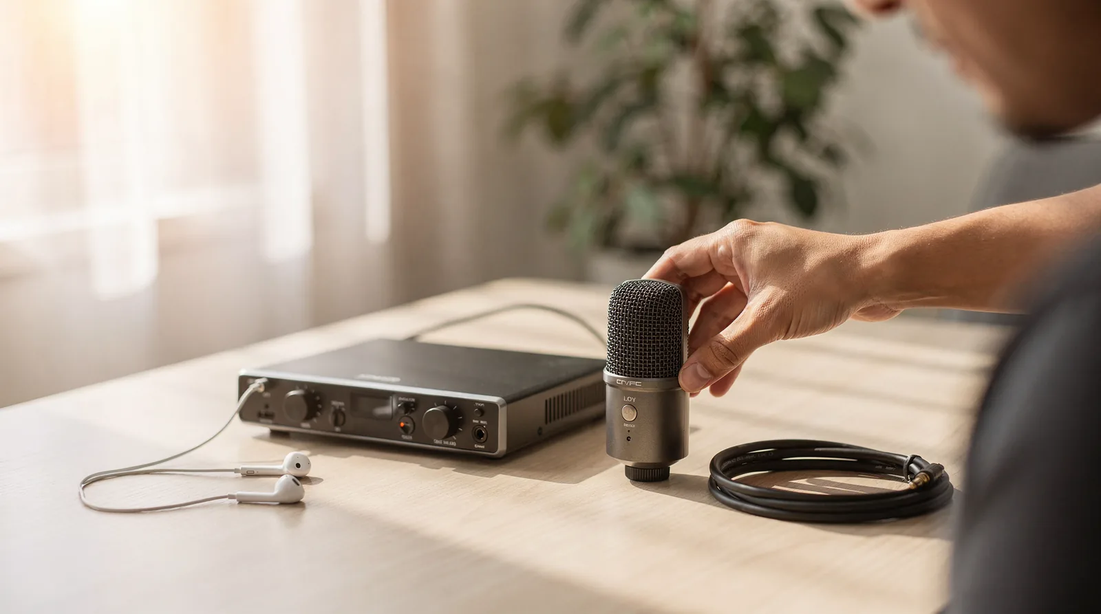 An interface, a microphone and cables on a bright desk