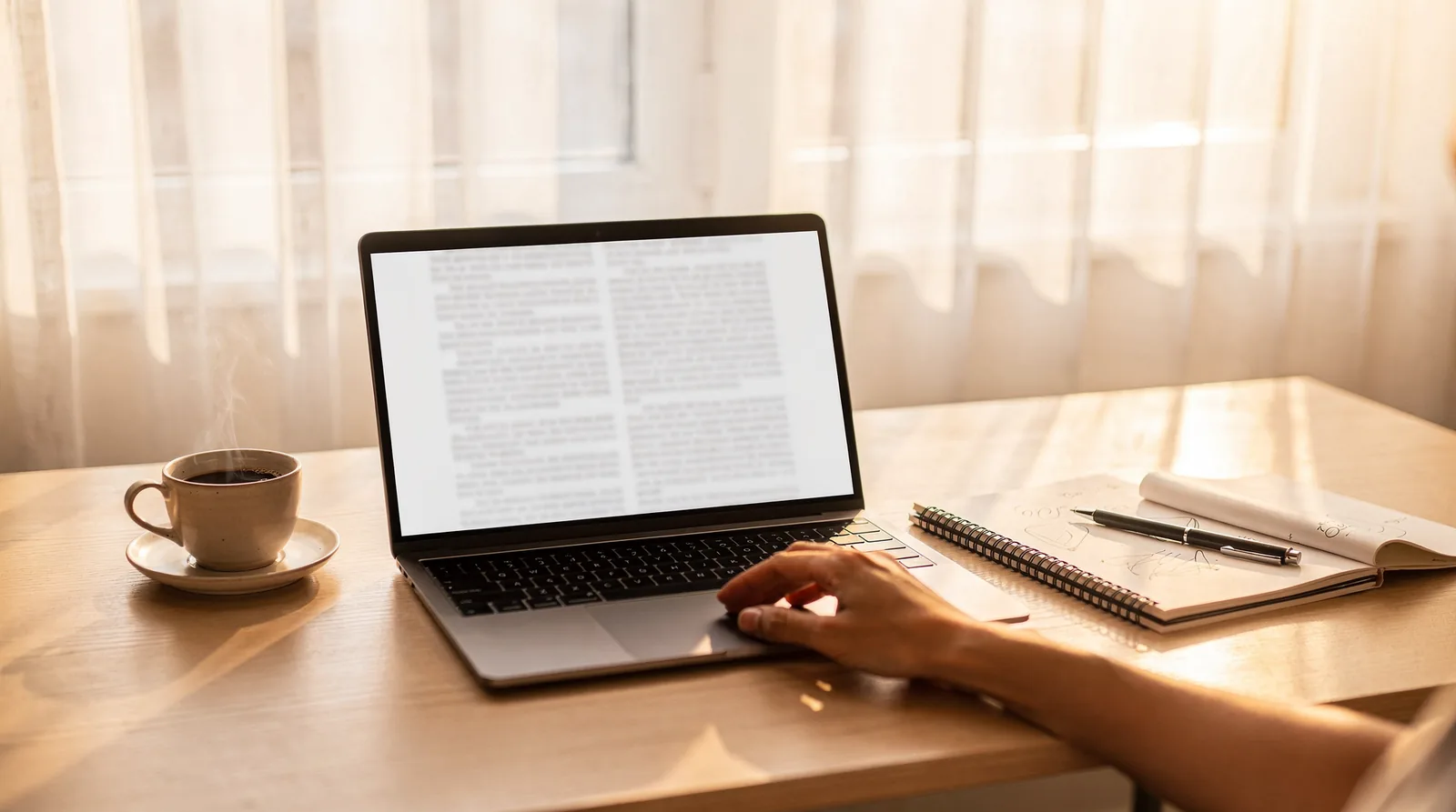 An article open on a laptop beside a coffee cup