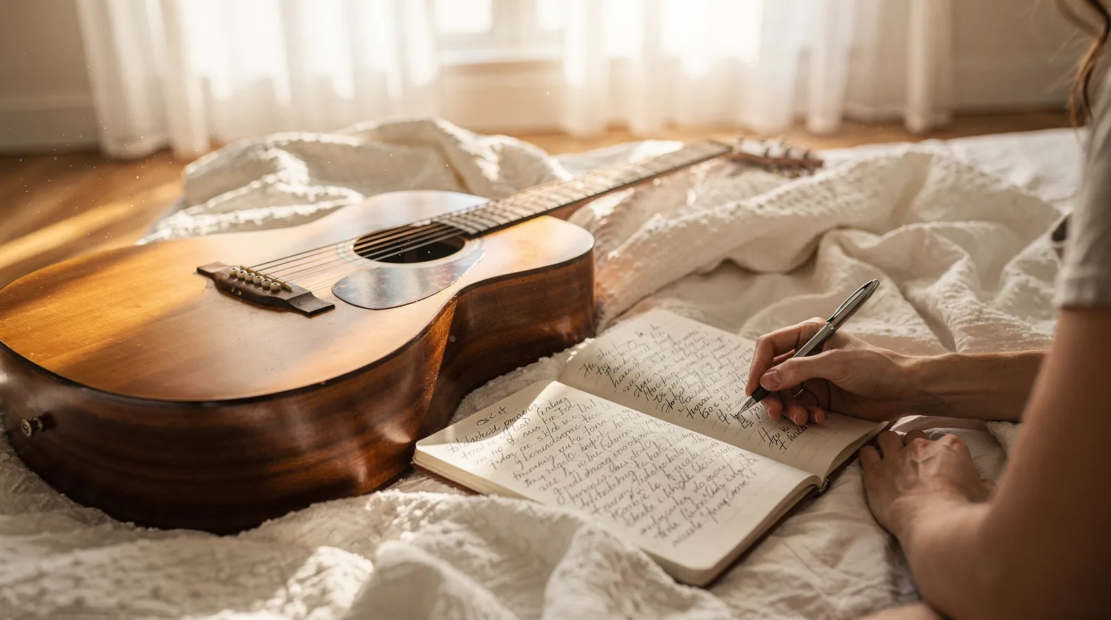 A guitar and an open notebook on a bed in daylight