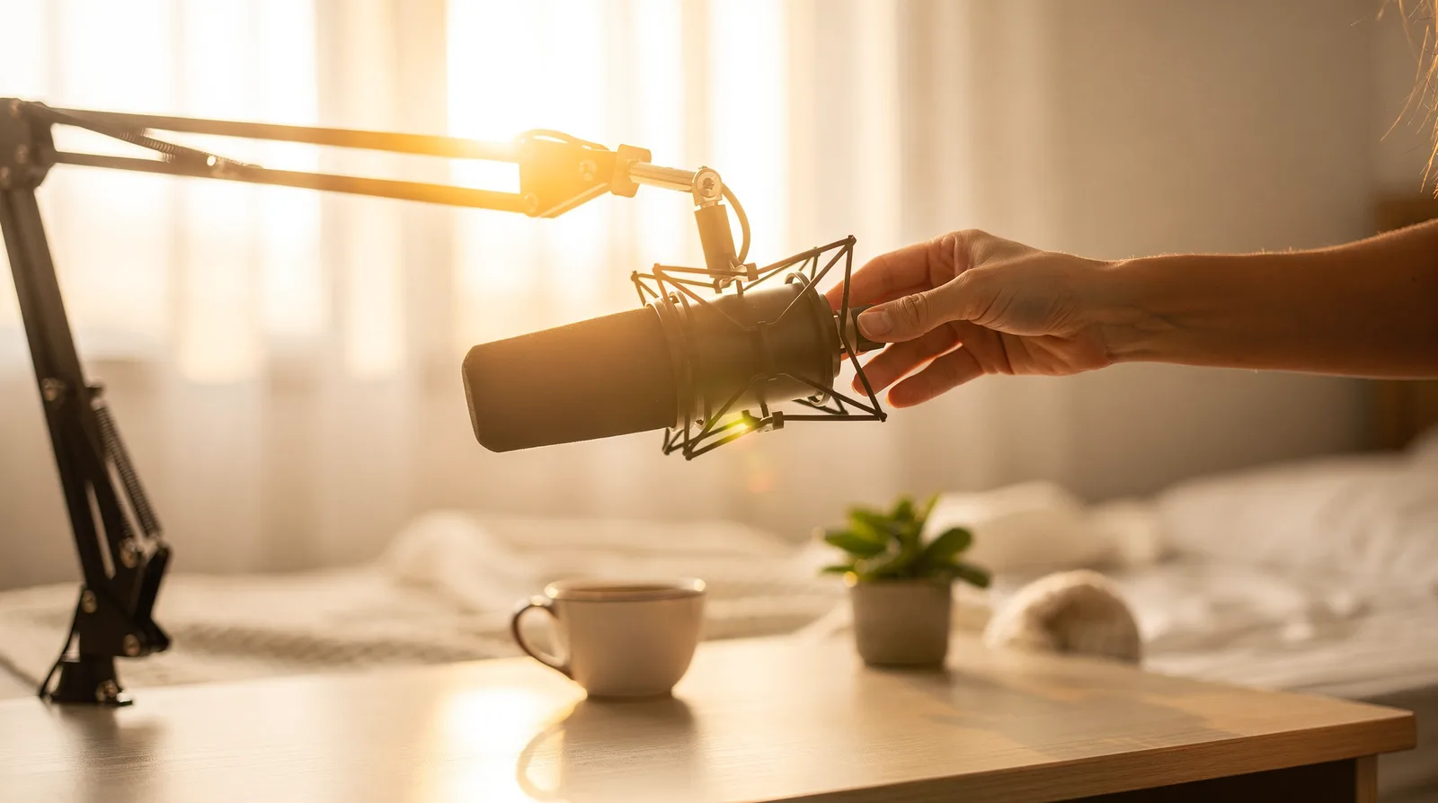 A condenser microphone in daylight, a hand on the shock mount