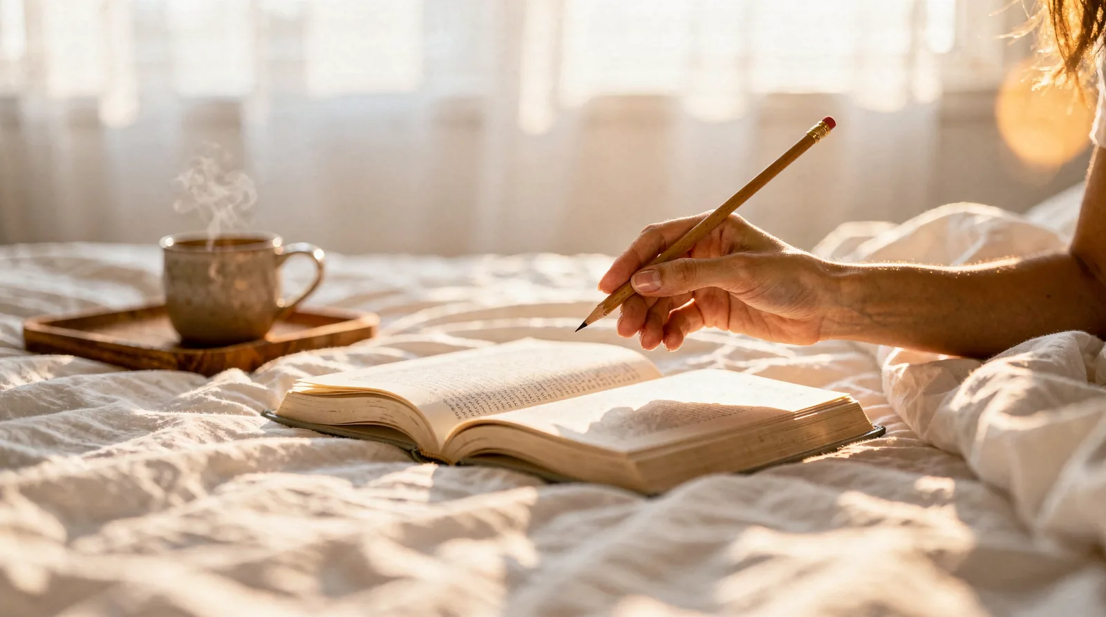 The book open on a desk in daylight
